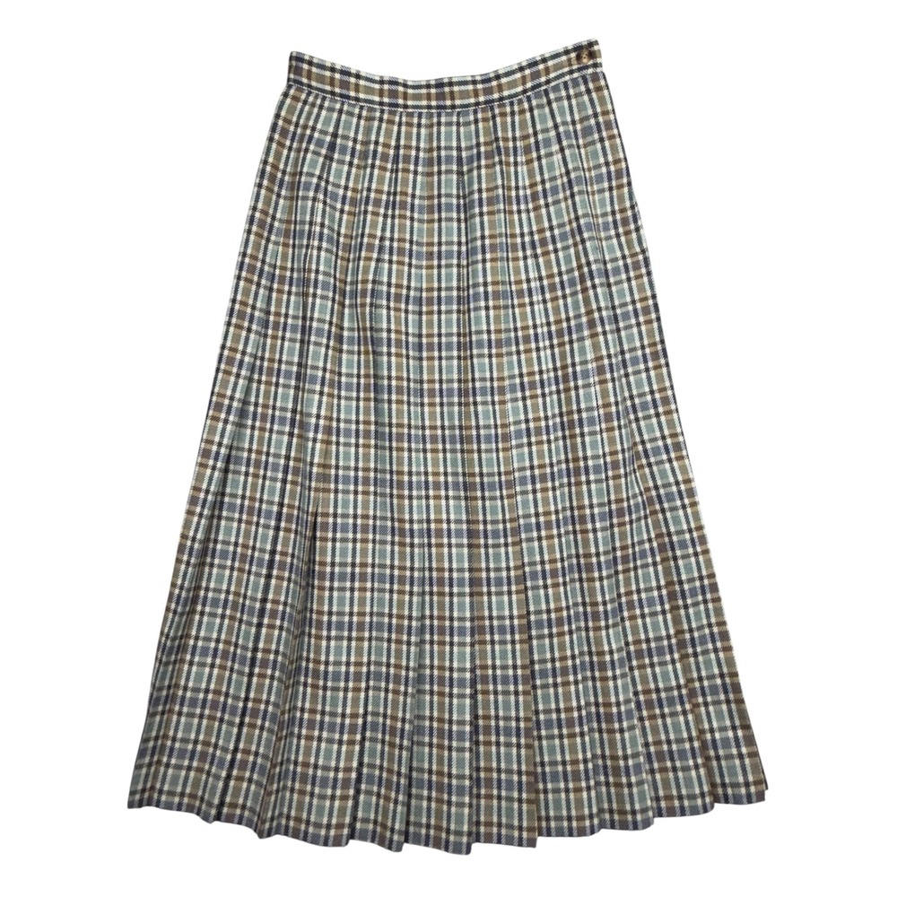 Talbots Petites Plaid Worsted Wool Pleated Midi Skirt Blue Tan Made in USA 4P